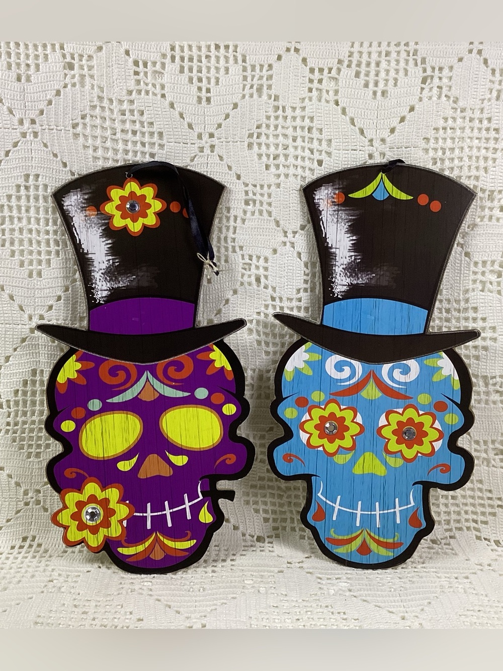 Day of the Dead Skull with Top Hat Wall Decor - Purple & Blue